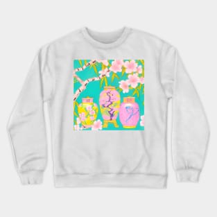 Preppy pink and yellow chinoiserie jars on turquoise Crewneck Sweatshirt